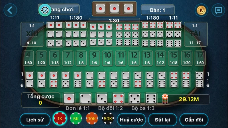 Các cửa cược đa dạng trong game tài xỉu.